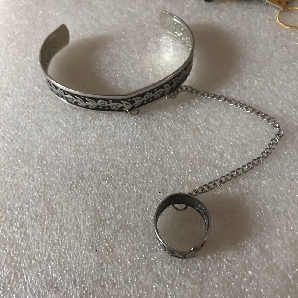 Silver Floral Engraved Cuff Bracelet with Connected Ring